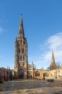 Ruins of church of Saint Michael, Coventry cathedral, West Midlands, England, UK bomb damage from