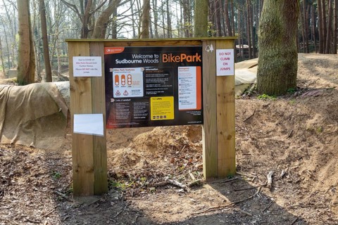 Sign at BikePark, Sudbourne Woods, Forestry Commission Bike Park, Suffolk, England, UK