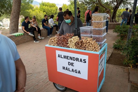 Trader selling roasted almonds outside Castillo de Gibralfaro castle, Malaga, Andalusia, Spain,