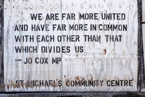 Quotation from MP Jo Cox on community centre board, Ipswich, Suffolk, England, UK