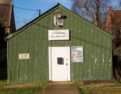 Corrugated iron village hall building, Tytherton, Wiltshire, England, UK