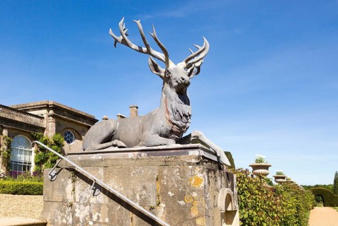 Deer stag sculpture terrace garden Bowood House and gardens, Calne, Wiltshire, England, UK