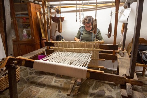 Traditional wool weaving craft workshop display and exhibition in village of Mertola, Baixo