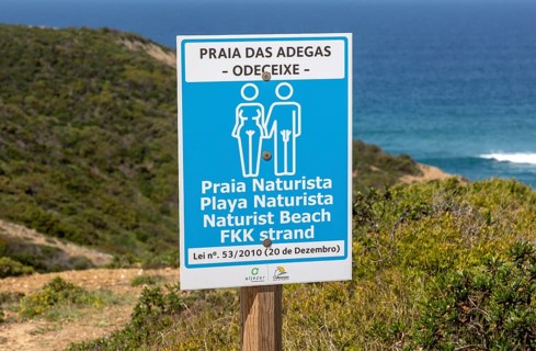 Praia das Adegas naturist beach sign, Odeceixe, Algarve, Portugal, Europe