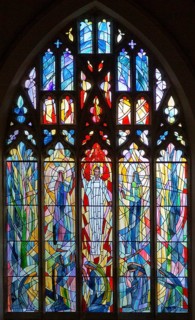 Stained glass window detail 'The Transfiguration' by Rosemary Rutherford 1973, Boxford church,