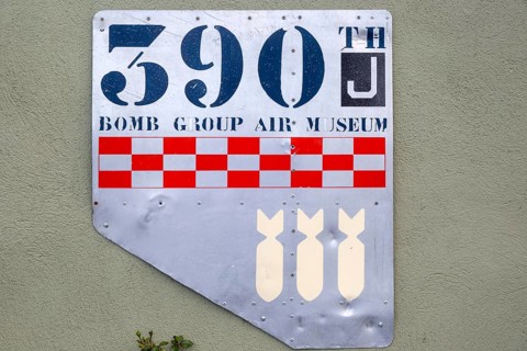Sign for 390 Bomb Group air museum, Parham airfield, Suffolk, England, UK