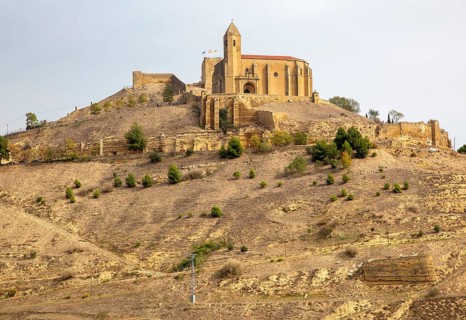 Church and castle on hilltop at village of San Vicente de la Sonsierra village, La Rioja, Spain,