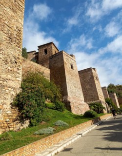 Historic walled defences to Moorish citadel fortress palace of the Alcazaba, Malaga, Andalusia,