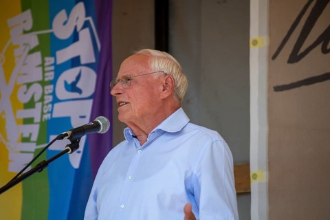 Oskar Lafontaine speaks at the peace demonstration in front of Ramstein Air Base against war and