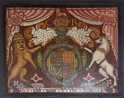 King George royal coat of arms in Alpheton church, Suffolk, England, UK