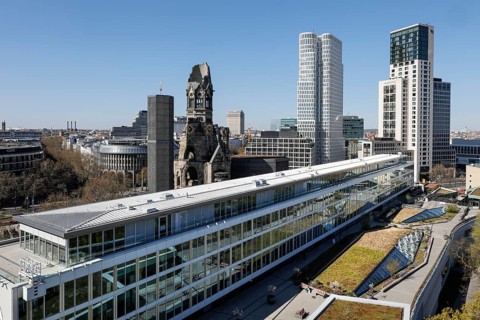 Breitscheidplatz with the Bikini building, the Kaiser Wilhelm Memorial Church, the Walldorf Astoria