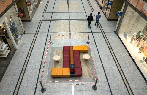 Empty shopping centre in Potsdam. Customers who want to shop in the Potsdam city area must present