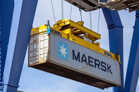 A Maersk Line container is loaded in the port of Mannheim, Germany. Supply bottlenecks and a sharp