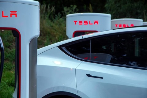 Tesla at a Supercharger in Saulce-sur-Rhone, France (09/06/2023)