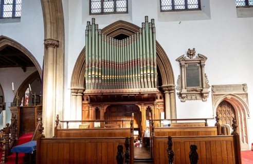 Interior of church of Saint Mary, Halesworth, Suffolk, England, UK organ made by Normand and Beard