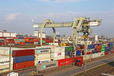 View of the Rhine harbour in Mannheim with large quantities of shipping and storage containers
