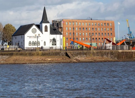 Historic waterfront Norwegian Church building, Cardiff Bay, Cardiff, South Wales, UK