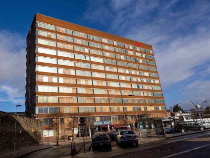 Signal Point disused 1970s office block building above railway station, Swindon, Wiltshire,