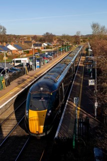 GWR Great Western Railway passenger train, Bedwyn railway station, Great Bedwyn, Wiltshire,