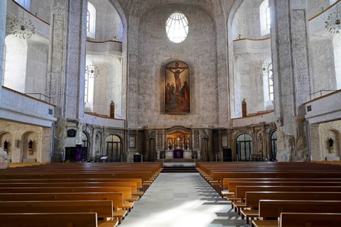 Interior view of St Trinitatis Cathedral, altar, nave, Dresden, Free State of Saxony, Germany,