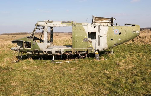 Westland Lynx helicopter wreck at Copehill Down FIBUA village military training area, Fighting In