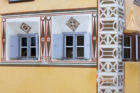 Window, historic house, sgraffito, facade decorations, Ardez, Engadin, Grisons, Switzerland, Europe