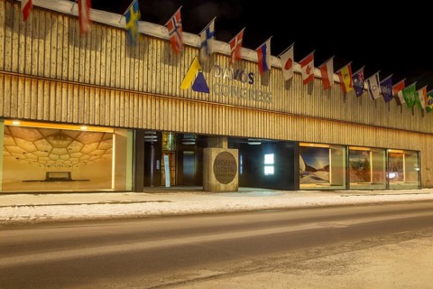 The congress centre in Davos, Switzerland, venue of the annual World Economic Forum (WEF) at night,