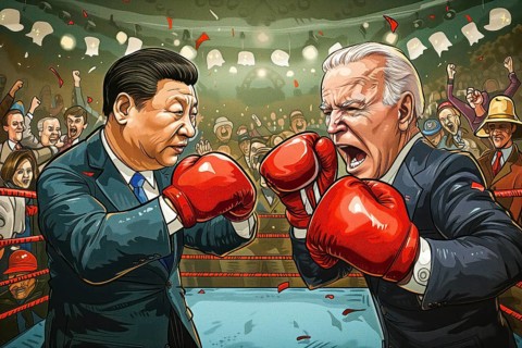 Political cartoon, Xi Jinping and Joe Biden in the boxing ring in an aggressive pose, symbolising