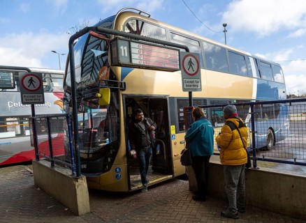 Buses at bus station in town centre, Swindon, Wiltshire, England, UK
