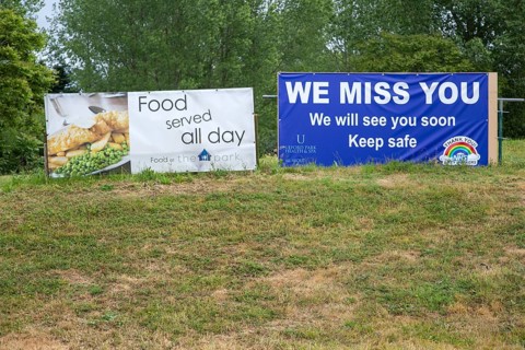 We Miss You sign on business closed during Coronavirus Covid 19 pandemic, Ufford Park, Suffolk,