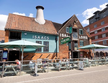 People sitting outside newly reopened Isaacs pub on the waterfront, Wet Dock, Ipswich, Suffolk,