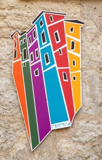 Design artwork of historic colourful buildings found in Cuenca, Castille La Mancha, Spain, Europe