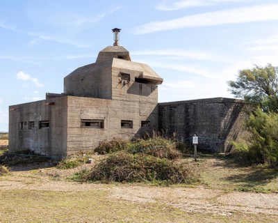 Second world war concrete bunker pill box defencing entrance at Landguard, Port of Felixstowe,