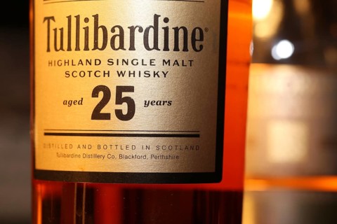 Close-up of a bottle of Tullibardine Single Malt 25 Years whiskey