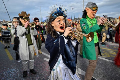 Guggenmusik woman's mask trumpet