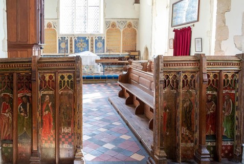 Medieval rood screen paintings of prophets, Bedfield church, Suffolk, England, UK