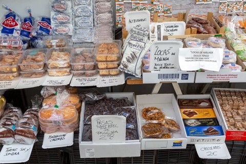 Display of local food specialities on sale outside shop, Frigiliana, Axarquia, Andalusia, Spain,