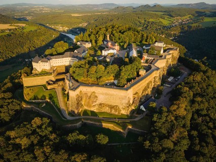 Aerial view of Koenigstein Fortress in Saxon Switzerland, Koenigstein, Saxony, Germany, Europe