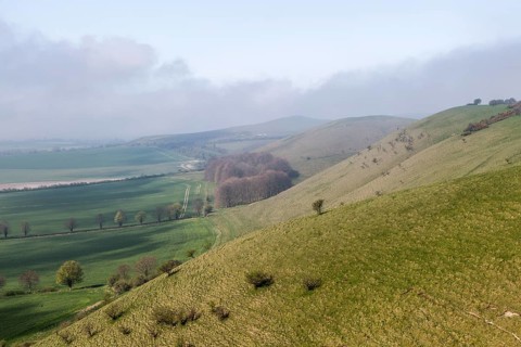 Fog clearing from chalk downs scarp slope Pewsey Vale, near Knap Hill, Alton Barnes, Wiltshire,