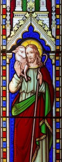 Jesus Christ the Good Shepherd, stained glass window circa 1846 thought to be by Wailes, church of