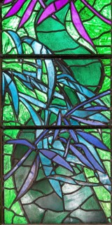 Detail stained glass window Benjamin Britten memorial by John Piper, Aldeburgh, Suffolk, England,