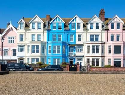 Historic colourful houses on the seafront, Aldeburgh, Suffolk, England, UK