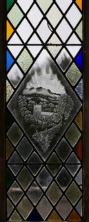 Modern glass engraving inside church of Saint Peter, Milton Lilbourne, Wiltshire, England, UK