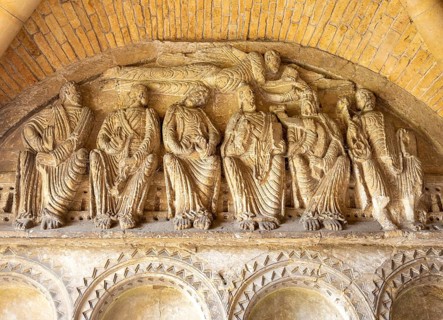 Romanesque stone carvings six apostles porch of Malmesbury abbey church, Wiltshire, England, UK