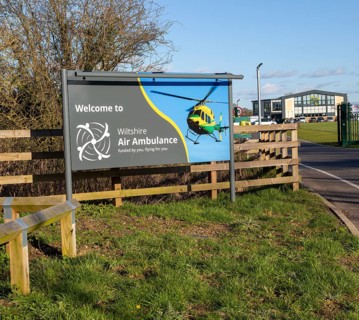Sign at Air Ambulance charity helicopter emergency ambulance base, Semington, Wiltshire, England,