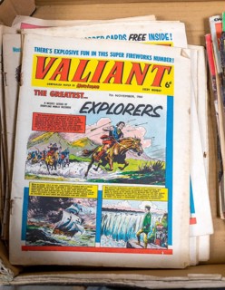Pile of Valiant children's comic on display at auction, UK