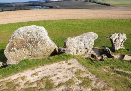 Large standing stones at the entrance to Neolithic long barrow at West Kennet, Wiltshire, England,