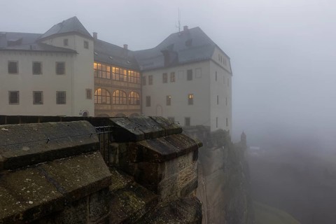 Winter atmosphere at the mountain fortress. Georgenburg Castle, Koenigstein, Saxony, Germany,