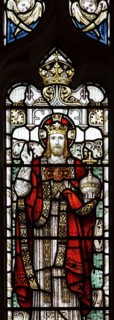 Stained glass window of Jesus Christ in his majesty wearing a crown, church of Saint Mary, Friston,