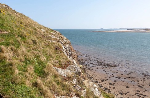 Looking south down the coast from Holy Island, Lindisfarne, Northumberland, England, UK towards